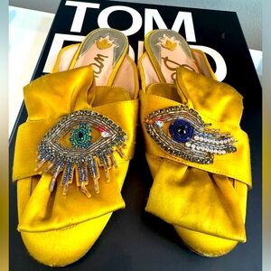 Sam Edelman Evil Eye Good luck Gold Satin Flats 7.5 Preloved Shoes Rare Find!